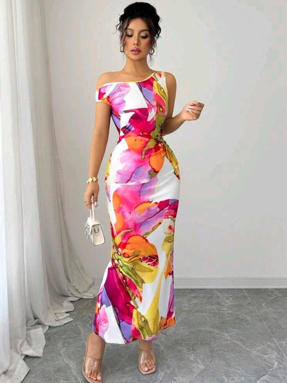 Off-Shoulder White Floral Bodycon Maxi Dress